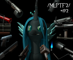 Size: 2364x1944 | Tagged: safe, artist:xafilah, imported from derpibooru, queen chrysalis, changeling, /mlp/ tf2 general, 3d, bottle, flamethrower, flare gun, grenade launcher, gun, handgun, john wick, pistol, revolver, scattergun, shotgun, team fortress 2, text, weapon