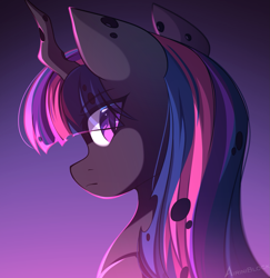 Size: 1497x1541 | Tagged: safe, artist:airiniblock, imported from derpibooru, twilight sparkle, changeling, bust, changelingified, digital art, eye clipping through hair, female, gradient background, horn, icon, looking at you, looking back, looking back at you, mare, purple background, purple changeling, purple eyes, purple mane, rcf community, signature, simple background, solo, species swap, twiling