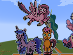 Size: 1280x961 | Tagged: safe, artist:8-bitbrony, artist:clevercloud2022pl, imported from derpibooru, izzy moonbow, pipp petals, sunny starscout, earth pony, pegasus, pony, unicorn, g5, minecraft, minecraft pixel art, pixel art