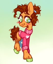 Size: 837x1001 | Tagged: safe, artist:onionpwder, imported from derpibooru, cheese sandwich, earth pony, pony, clothes, eyelashes, female, gradient background, heart, heart eyes, mare, ponytail, solo, sweater, trans female, transgender, wingding eyes