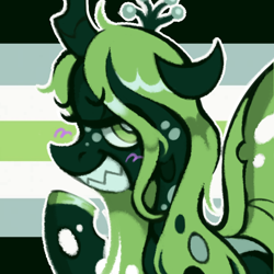 Size: 710x710 | Tagged: safe, artist:onionpwder, imported from derpibooru, queen chrysalis, changeling, changeling queen, agender, agender pride flag, alternate color palette, grin, icon, looking at you, pride, pride flag, smiling