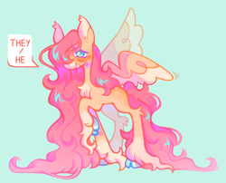 Size: 1280x1034 | Tagged: safe, artist:onionpwder, imported from derpibooru, fluttershy, pegasus, pony, blue background, cloven hooves, long mane, nonbinary, pronouns, simple background, solo