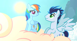 Size: 1223x653 | Tagged: safe, artist:hugsartist, imported from derpibooru, rainbow dash, soarin', pegasus, pony, base used, cloud, female, looking at each other, looking at someone, male, mare, shipping, smiling, smiling at each other, soarindash, stallion, straight