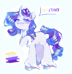 Size: 1280x1318 | Tagged: safe, artist:onionpwder, imported from derpibooru, rarity, pony, unicorn, blue background, cloven hooves, curved horn, horn, nonbinary, nonbinary pride flag, pride, pride flag, pronouns, simple background, solo, unshorn fetlocks