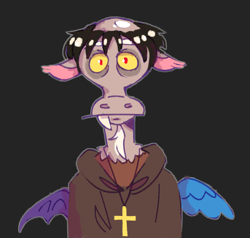 Size: 1280x1221 | Tagged: safe, artist:onionpwder, imported from derpibooru, discord, draconequus, black background, clothes, cross, cross necklace, jewelry, meme, monk, necklace, robe, simple background, solo, spread wings, tonsure, wings