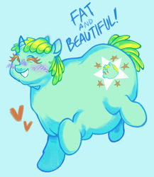 Size: 1046x1206 | Tagged: safe, artist:onionpwder, imported from derpibooru, whoa nelly, pony, unicorn, blue background, eyes closed, fat, floating heart, grin, heart, positive message, simple background, smiling, solo
