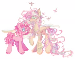 Size: 1280x997 | Tagged: safe, artist:onionpwder, imported from derpibooru, fluttershy, pinkie pie, bird, butterfly, earth pony, pegasus, pony, duo, ethereal mane, ethereal tail, ethereal wings, female, flower, flower in hair, flutterpie, lesbian, shipping, simple background, tail, vine, white background, wings