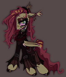 Size: 632x735 | Tagged: safe, artist:onionpwder, imported from derpibooru, fluttershy, bat pony, pony, bat ponified, choker, clothes, colored hooves, cross, cross necklace, dress, ear piercing, ear tufts, earring, eyeshadow, fangs, flutterbat, goth, gothic, jewelry, makeup, necklace, piercing, race swap, simple background, solo