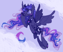 Size: 1280x1067 | Tagged: safe, artist:onionpwder, imported from derpibooru, princess luna, alicorn, pony, bisexual pride flag, bisexuality, cloud, curved horn, flying, glasses, horn, moon, pride, pride flag, solo