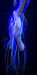 Size: 1000x2000 | Tagged: safe, artist:lumolla, imported from derpibooru, oc, oc only, hybrid, jellyfish, original species, pegasus, pony, blue mane, bubble, digital art, flowing mane, flowing tail, glowing, high res, looking down, monochrome, ocean, solo, swimming, tail, underwater, water