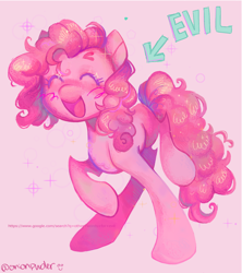 Size: 1068x1202 | Tagged: safe, artist:onionpwder, imported from derpibooru, pinkie pie, earth pony, pony, arrow, blush lines, blushing, evil, eyes closed, pink background, pure unfiltered evil, raised hoof, raised leg, simple background, smiling, solo, sparkles