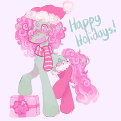 Size: 1066x1066 | Tagged: safe, artist:onionpwder, imported from derpibooru, minty, pony, christmas, clothes, g3, happy holidays, hat, holiday, pink background, present, santa hat, scarf, simple background, socks, solo