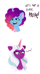 Size: 1685x3072 | Tagged: safe, artist:allisonpopick, imported from derpibooru, opaline arcana, alicorn, pony, unicorn, spoiler:g5, alternate hair color, angry, duo, g5, it's not a phase, misty brightdawn, opaline arcana is not amused, scowl, simple background, unamused, white background