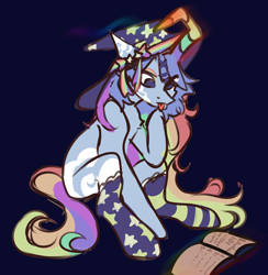 Size: 2048x2102 | Tagged: safe, artist:neonbugzz, imported from derpibooru, oc, oc only, pony, unicorn, blue background, book, clothes, hat, magic, mismatched socks, simple background, socks, solo, striped socks, tongue out, witch hat
