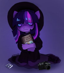 Size: 1024x1178 | Tagged: safe, artist:onionpwder, imported from derpibooru, twilight sparkle, anthro, beetlejuice, book, camera, clothes, dress, female, gothic, hat, purple background, simple background, solo