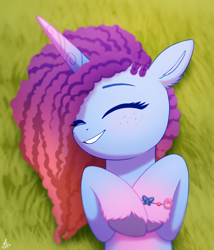 Size: 1710x2000 | Tagged: safe, artist:luminousdazzle, imported from derpibooru, pony, unicorn, alternate mane color, bracelet, cornrows, cute, daaaaaaaaaaaw, eyes closed, female, freckles, friendship bracelet, g5, gradient hooves, gradient horn, grass, grin, happy, hooves to the chest, horn, jewelry, lying, lying down, lying in grass, mare, misty brightdawn, mistybetes, on back, smiling, solo, unshorn fetlocks, weapons-grade cute