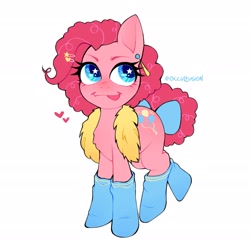 Size: 2029x2029 | Tagged: safe, artist:onionpwder, imported from derpibooru, pinkie pie, earth pony, pony, :p, alternate hairstyle, bow, clothes, ear piercing, earring, heart, jewelry, piercing, redesign, simple background, socks, solo, tail, tail bow, tongue out, white background