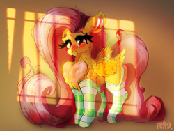 Size: 3200x2400 | Tagged: safe, artist:br0via, imported from derpibooru, fluttershy, pony, chest fluff, clothes, socks, solo, striped socks