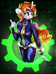 Size: 2500x3300 | Tagged: safe, artist:br0via, imported from derpibooru, oc, oc only, oc:littlepip, anthro, unicorn, fallout equestria, clothes, female, jumpsuit, solo, vault suit