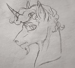 Size: 1984x1798 | Tagged: safe, artist:saby, derpibooru exclusive, imported from derpibooru, oc, oc only, oc:spinel symmetrics, pony, unicorn, black and white, bust, curly mane, curved horn, facial hair, flared nostrils, goatee, grayscale, horn, looking at you, male, monochrome, pencil drawing, serious, side view, simple background, solo, stallion, traditional art, white background
