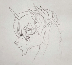 Size: 1984x1798 | Tagged: safe, artist:saby, derpibooru exclusive, imported from derpibooru, oc, oc only, oc:windwatcher, pony, unicorn, black and white, bust, ear fluff, facial hair, flared nostrils, glasses, goatee, grayscale, looking at you, male, monochrome, pencil drawing, serious, shrunken pupils, side view, simple background, solo, stallion, traditional art, white background