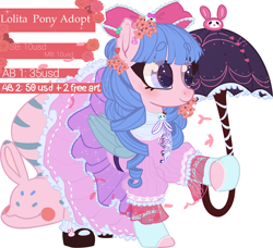 Size: 2782x2534 | Tagged: safe, artist:sh1ann, imported from derpibooru, oc, oc only, pegasus, pony, adoptable, bow, clothes, dress, eyelashes, female, hair bow, hoof hold, hoof shoes, lolita fashion, mare, pegasus oc, simple background, smiling, solo, umbrella, white background, wings