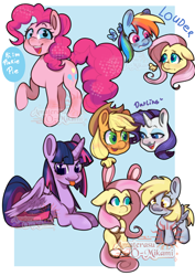 Size: 2894x4093 | Tagged: safe, artist:sh1ann, imported from derpibooru, applejack, derpy hooves, fluttershy, pinkie pie, rainbow dash, rarity, twilight sparkle, alicorn, earth pony, pegasus, pony, :p, bunny ears, bust, female, floating wings, flutterdash, lesbian, mane six, mare, rarijack, shipping, smiling, tongue out, twilight sparkle (alicorn), wings