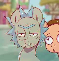 Size: 1458x1500 | Tagged: safe, artist:minckies, imported from derpibooru, earth pony, pony, bust, male, morty smith, outdoors, ponified, rick and morty, rick sanchez, stallion, unamused