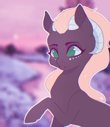 Size: 1000x1150 | Tagged: safe, artist:minckies, imported from derpibooru, oc, oc only, goat, goat pony, pony, bust, female, freckles, horns, mare, outdoors, ram horns, solo