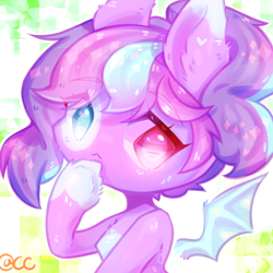 Size: 2000x2000 | Tagged: safe, artist:prettyshinegp, imported from derpibooru, oc, oc only, bat pony, pony, abstract background, bat pony oc, bust, chibi, female, floating wings, heterochromia, mare, solo, thinking, wings