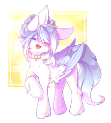 Size: 1993x2209 | Tagged: safe, artist:prettyshinegp, imported from derpibooru, oc, oc only, oc:stardust, pegasus, pony, abstract background, collar, eyes closed, open mouth, pegasus oc, raised hoof, smiling, solo