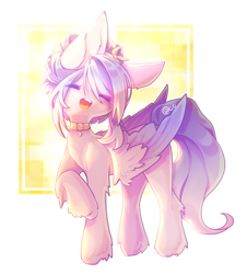 Size: 1993x2209 | Tagged: safe, alternate version, artist:prettyshinegp, imported from derpibooru, oc, oc only, oc:stardust, pegasus, pony, abstract background, collar, eyes closed, open mouth, pegasus oc, raised hoof, smiling, solo