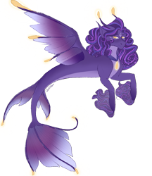 Size: 1257x1454 | Tagged: safe, artist:caliartshow, imported from derpibooru, oc, oc only, seapony (g4), adoptable, clothes, digital art, dorsal fin, ethereal mane, eyelashes, female, fin, fin wings, fins, fish tail, flowing mane, flowing tail, jewelry, looking at you, mare, mermay, necklace, purple mane, seapony oc, see-through, signature, simple background, smiling, smiling at you, solo, spread wings, starry mane, tail, transparent background, wings, yellow eyes