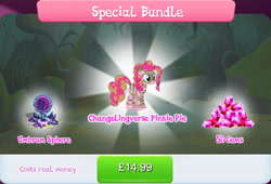 Size: 1268x861 | Tagged: safe, imported from derpibooru, pinkie pie, earth pony, pony, alternate hairstyle, alternate timeline, bundle, chrysalis resistance timeline, costs real money, english, face paint, female, gameloft, gem, mare, mobile game, my little pony: magic princess, numbers, official, sale, solo, text, tribal pie