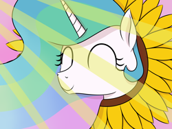 Size: 2000x1500 | Tagged: safe, artist:everfreeemergencies, princess celestia, alicorn, pony, bust, crepuscular rays, eyes closed, female, flower, happy, horn, mare, pink background, portrait, simple background, smiling, solo, sunflower