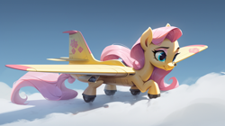 Size: 1456x816 | Tagged: safe, imported from derpibooru, fluttershy, original species, plane pony, pony, ai content, ai generated, cloud, flutterplane, machine learning abomination, not salmon, plane, solo, wat