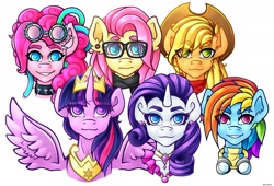 Size: 2048x1395 | Tagged: safe, artist:elusivepurple, imported from derpibooru, applejack, fluttershy, pinkie pie, rainbow dash, rarity, twilight sparkle, alicorn, earth pony, pegasus, unicorn, big crown thingy 2.0, bust, choker, clothes, ear piercing, earring, eye clipping through hair, eyebrows, eyebrows visible through hair, glasses, goggles, goggles on head, jewelry, looking at you, mane six, piercing, scarf, smiling, spiked choker, spread wings, twilight sparkle (alicorn), uniform, wings, wonderbolts uniform