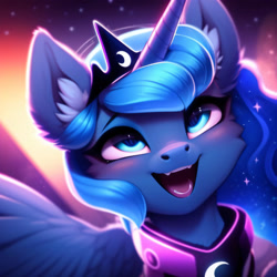Size: 3072x3072 | Tagged: safe, editor:nightluna, imported from derpibooru, princess luna, alicorn, pony, ai content, ai generated, armor, blushing, cheek fluff, crown, ear fluff, female, generator:purplesmart.ai, generator:stable diffusion, high res, jewelry, looking up, mare, open mouth, open smile, prompter:nightluna, regalia, smiling, solo, spread wings, stars, teeth, wings