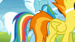 Size: 1275x716 | Tagged: safe, imported from derpibooru, screencap, fleetfoot, rainbow dash, spitfire, rainbow falls, animated, gif, hair dryer, tail