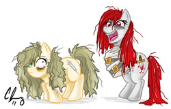 Size: 591x378 | Tagged: safe, artist:candy-janney, imported from derpibooru, oc, oc only, oc:methy, oc:stabby, earth pony, pony, 2011, addiction, bags under eyes, bondage, colored, duo, duo female, earth pony oc, female, messy mane, shadow, signature, simple background, straitjacket, white background