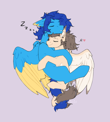 Size: 2082x2300 | Tagged: safe, artist:dorkmark, imported from derpibooru, oc, oc only, oc:dima, oc:helmie, pegasus, pony, duo, heart, hug, oc x oc, onomatopoeia, shipping, simple background, sleeping, sound effects, zzz