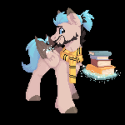 Size: 1200x1200 | Tagged: safe, artist:dorkmark, imported from derpibooru, oc, oc only, oc:spedicey, pegasus, pony, book, clothes, harry potter (series), magic, magic wand, pixel art, scarf, solo