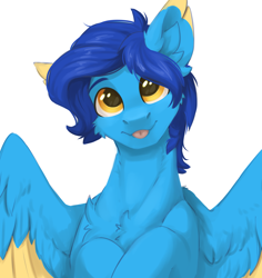 Size: 2232x2362 | Tagged: safe, artist:dorkmark, imported from derpibooru, oc, oc only, oc:helmie, pegasus, pony, chest fluff, ear fluff, simple background, smiling, solo, tongue out, white background, wings