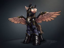 Size: 2048x1536 | Tagged: safe, artist:helmie-art, imported from derpibooru, oc, oc:dima, pegasus, pony, armor, cavalier, crossover, female, guard, helmet, nilfgaard, simple background, soldier, solo, the witcher, the witcher 3, wings, witcher