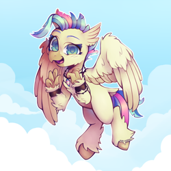 Size: 1500x1500 | Tagged: safe, artist:onionpwder, imported from derpibooru, terramar, classical hippogriff, hippogriff, pony, alternate hair color, bracelet, cloud, cute, dyed mane, ear piercing, earring, eyebrows, female, flying, jewelry, lgbt headcanon, male, necklace, older, older terramar, open mouth, piercing, pride, pride flag, raised eyebrow, sky, solo, trans female, trans male, transgender, transgender pride flag, wristband