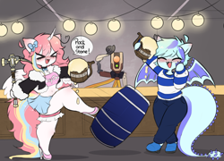 Size: 3548x2560 | Tagged: safe, artist:arwencuack, imported from derpibooru, oc, oc:nekonin, oc:sky gamer, alicorn, anthro, dragon, ><, advertisement, alcohol, barrel, beer, blushing, chibi, chibi sketch, clothes, commission, commission info, deep rock galactic, drunk, eyes closed, garter, high heels, kicking, pickaxe, shoes, sketch, skirt