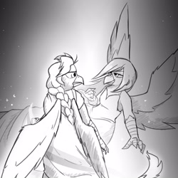 Size: 3000x3000 | Tagged: safe, artist:captainhoers, imported from derpibooru, oc, oc only, griffon, braid, clothes, dress, duo, frown, grayscale, griffon oc, grin, long hair, looking at each other, looking at someone, monochrome, smiling