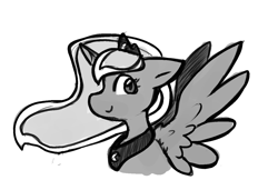 Size: 1251x854 | Tagged: safe, artist:zutcha, imported from derpibooru, princess luna, alicorn, pony, female, grayscale, looking at you, mare, monochrome, profile, simple background, smiling, smiling at you, solo, spread wings, white background, wings