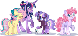 Size: 1280x594 | Tagged: safe, artist:zemmalouz, imported from derpibooru, fluttershy, twilight sparkle, oc, oc:dappled light, oc:serene lullaby, alicorn, pegasus, pony, spider, star spider, base used, family, female, glasses, lesbian, magical lesbian spawn, mare, offspring, older, older fluttershy, older twilight, parent:fluttershy, parent:twilight sparkle, parents:twishy, shipping, simple background, transparent background, twilight sparkle (alicorn), twishy, ultimate twilight