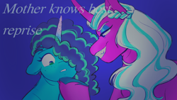 Size: 2560x1440 | Tagged: safe, artist:starsbursts, imported from derpibooru, opaline arcana, alicorn, pony, unicorn, blue background, crossover, duo, evil grin, eyeshadow, female, freckles, g5, grin, hoof on chin, makeup, mare, markings, misty brightdawn, mother knows best, parody, simple background, smiling, tangled (disney), unshorn fetlocks